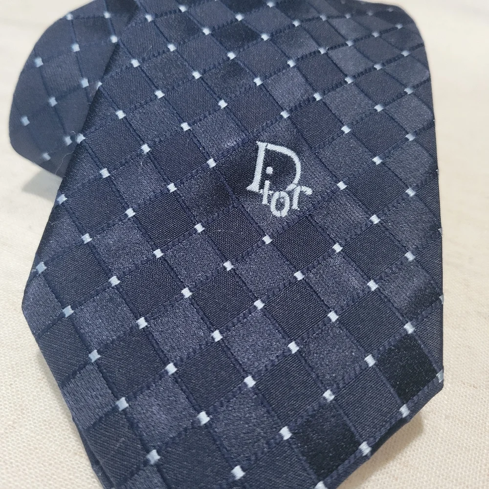 Christian Dior Cravates Monogram Tie Navy Blue Vintage Dots Fredericks & Nelson